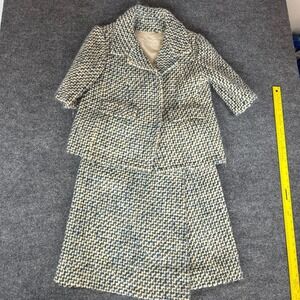 Vtg 80s Vogue Paris Original Tweed Boucle Plaid Skirt Suit Wool blend LARGE